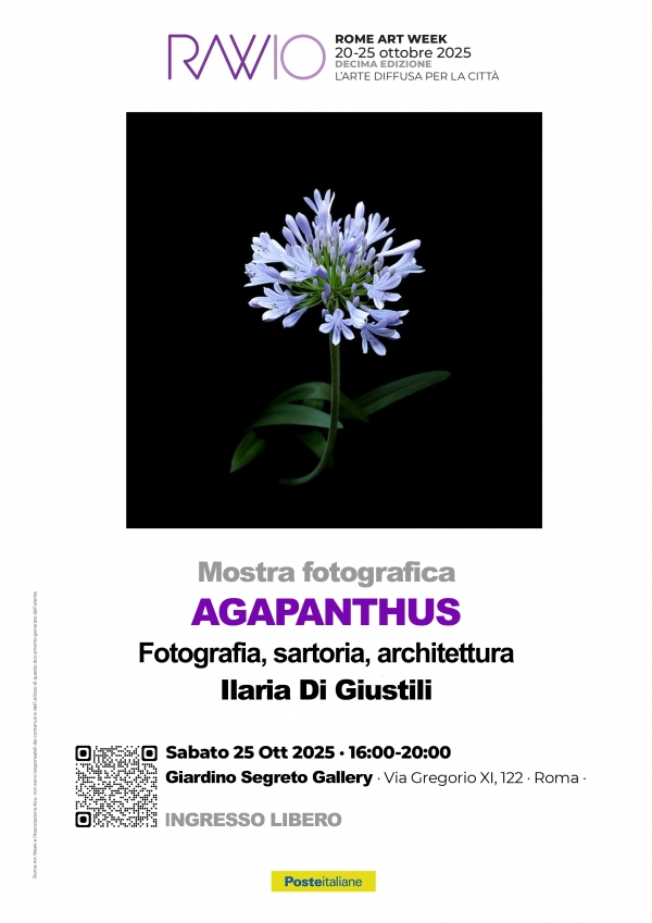 Agapanthus. Sabato 25 ottobre a Giardino Segreto Gallery di Ilaria Di Giustili, per la Rome Art Week, una mostra di fotografia, sartoria, architettura: narrazione visiva fatta di stagioni, di cicli, di metamorfosi