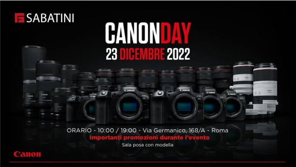 Canon Day. Venerdì 23 dicembre a Sabatini Fotografia si potranno provare le nuove macchine Canon assistiti dal personale di Sabatini e di Canon Italia. Sconti e cashback
